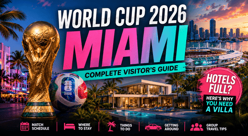 Luxury villa and Miami skyline during FIFA World Cup 2026 with stadium and soccer theme